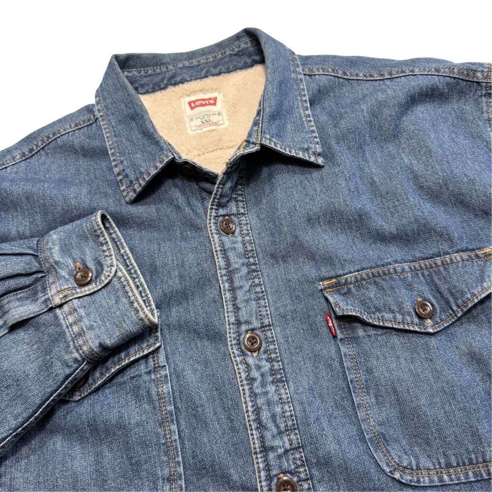 Levi's Men's XXL Y2K Sherpa Fleece Lined Denim Shirt Jacket Shacket Blue Jean